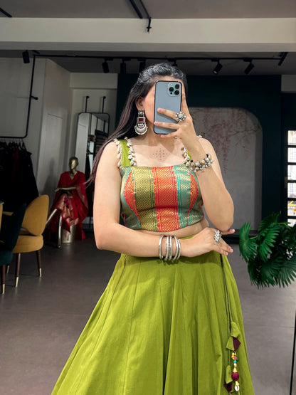 Lorenvalley Fashion Parrotgreen Cotton Enhanced With Zari Weaving, Embossed Design Work Lehenga Choli