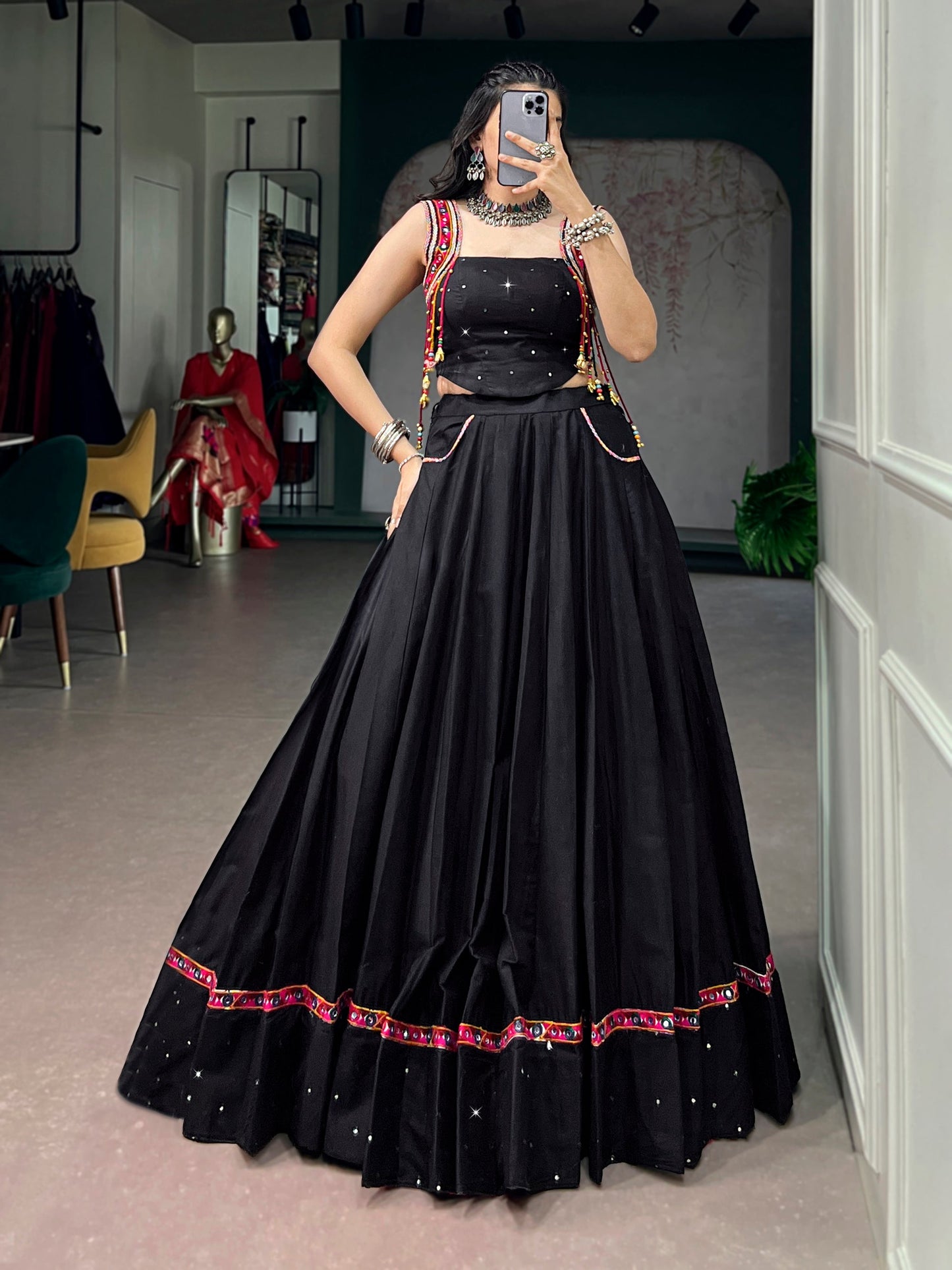 Lorenvalley Fashion Black Cotton With Mirror Work And Kutchi Lace & Multicolor Handmade Tassel Lehenga Choli