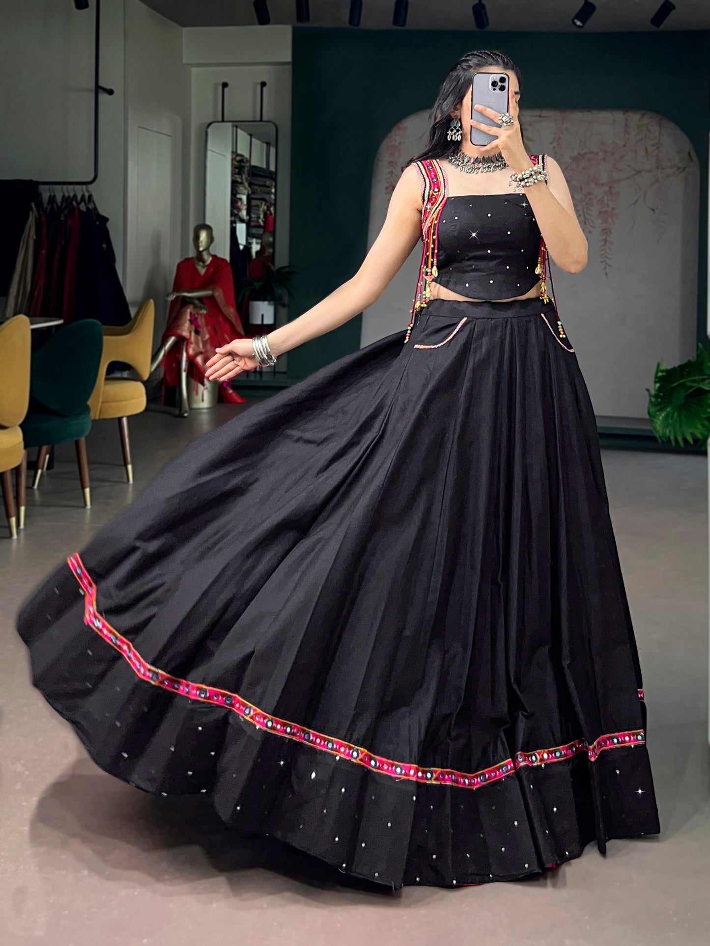 Lorenvalley Fashion Black Cotton With Mirror Work And Kutchi Lace & Multicolor Handmade Tassel Lehenga Choli