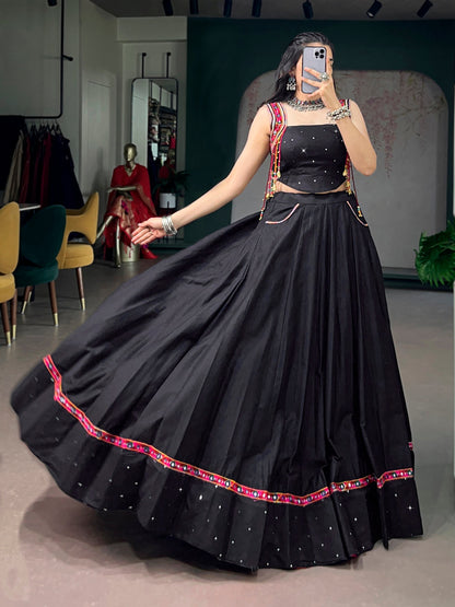 Lorenvalley Fashion Black Cotton With Mirror Work And Kutchi Lace & Multicolor Handmade Tassel Lehenga Choli