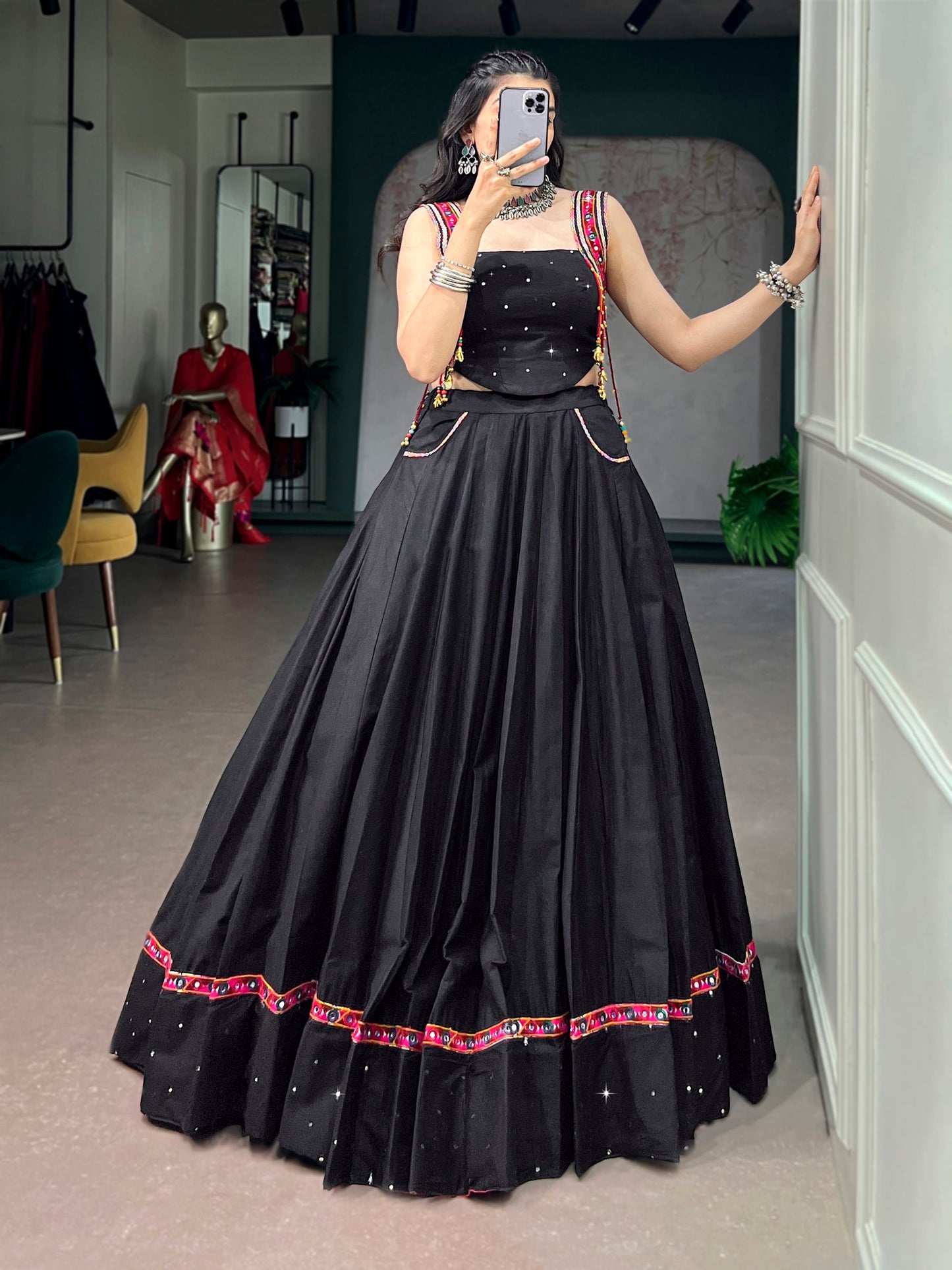 Lorenvalley Fashion Black Cotton With Mirror Work And Kutchi Lace & Multicolor Handmade Tassel Lehenga Choli