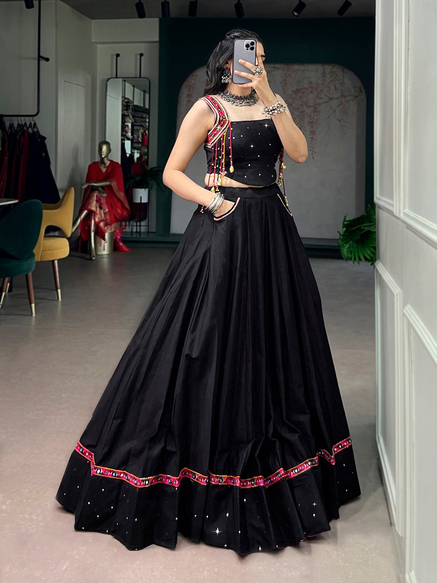 Lorenvalley Fashion Black Cotton With Mirror Work And Kutchi Lace & Multicolor Handmade Tassel Lehenga Choli