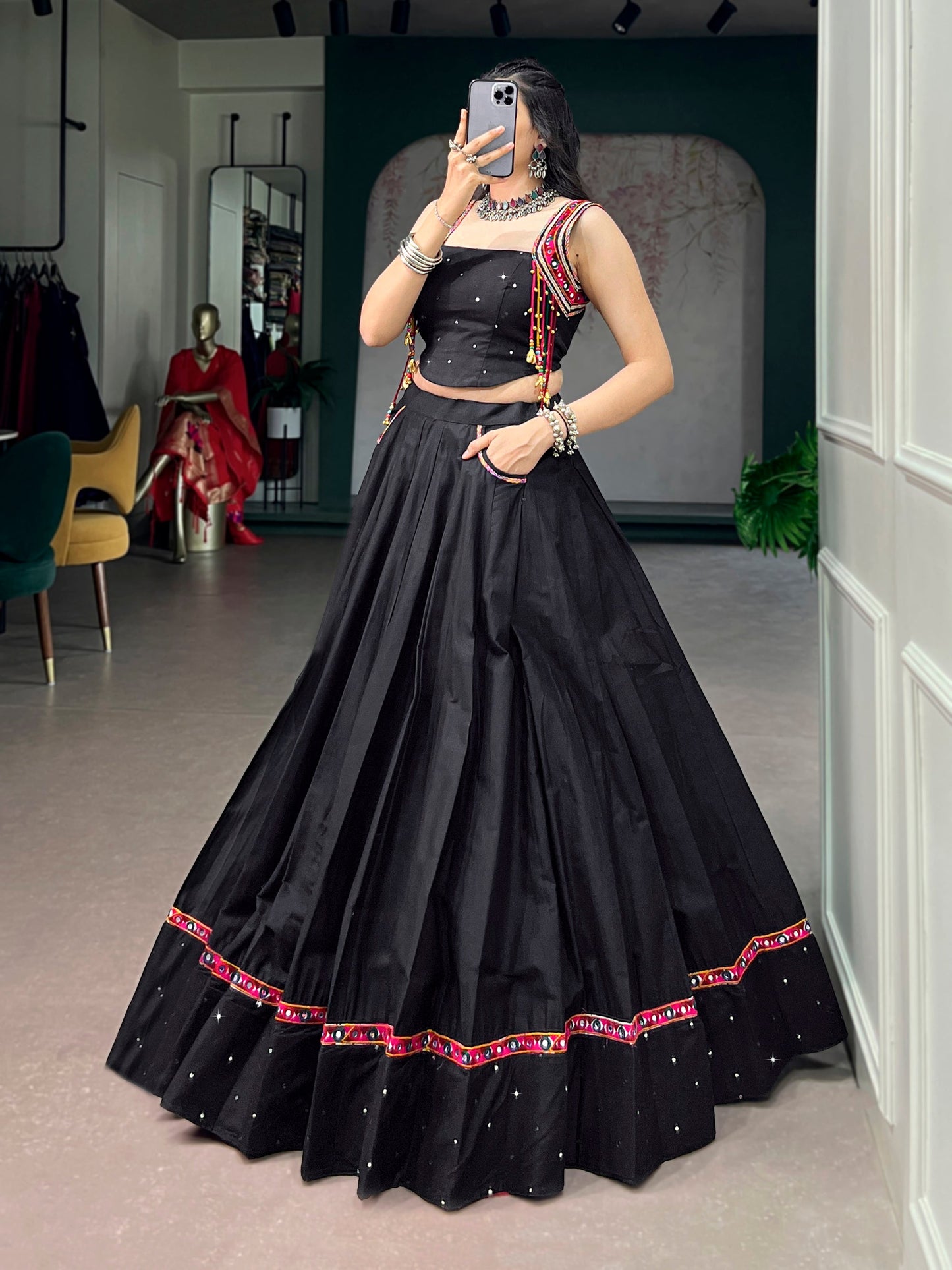 Lorenvalley Fashion Black Cotton With Mirror Work And Kutchi Lace & Multicolor Handmade Tassel Lehenga Choli