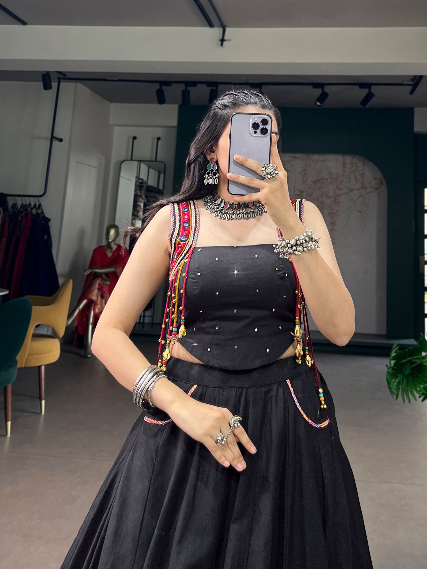 Lorenvalley Fashion Black Cotton With Mirror Work And Kutchi Lace & Multicolor Handmade Tassel Lehenga Choli