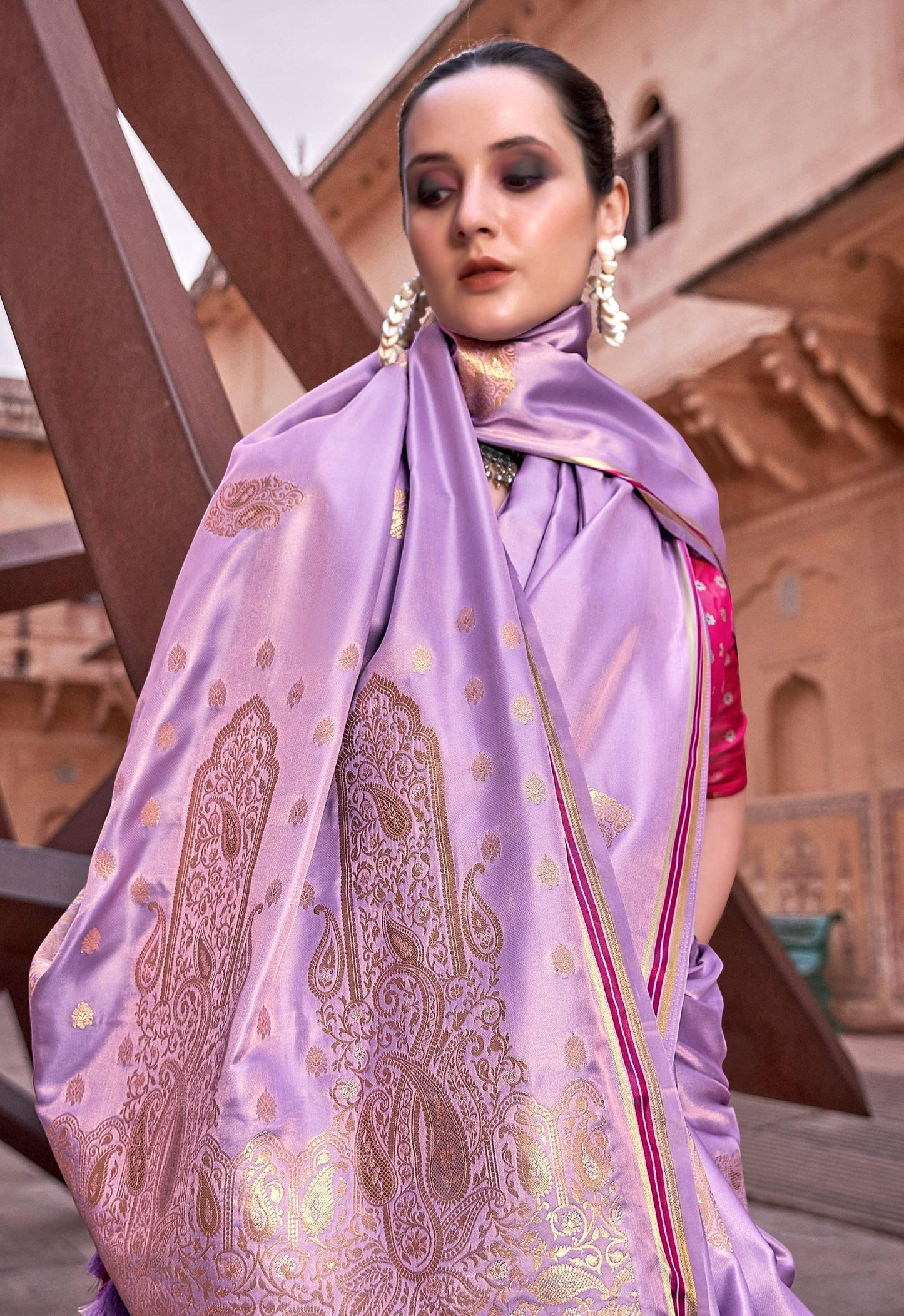 Anaita Lavender Pure Satin Silk With Zari Weaving Saree With Blouse
