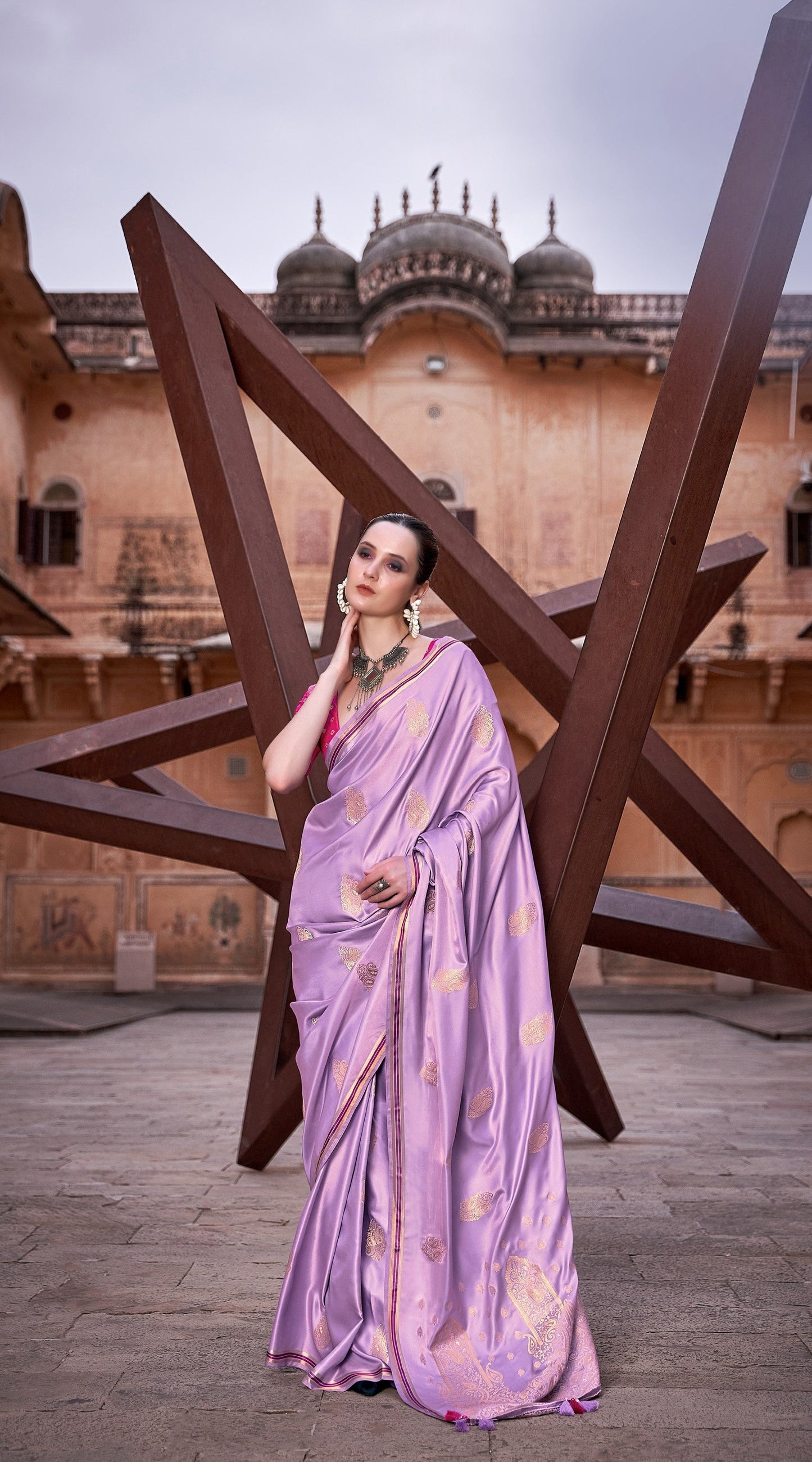 Anaita Lavender Pure Satin Silk With Zari Weaving Saree With Blouse