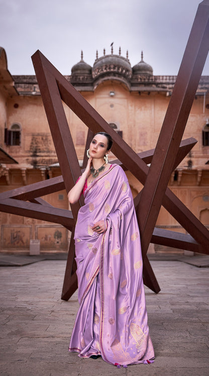 Anaita Lavender Pure Satin Silk With Zari Weaving Saree With Blouse