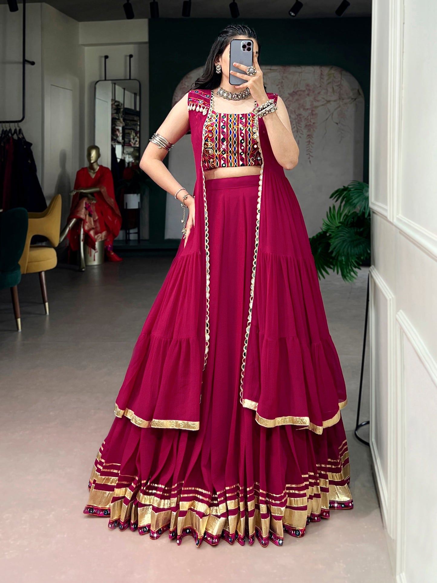 Lorenvalley Fashion Rani Pink Lightweight Fabric With Gotta Patti Lace Lehenga Choli With Koti