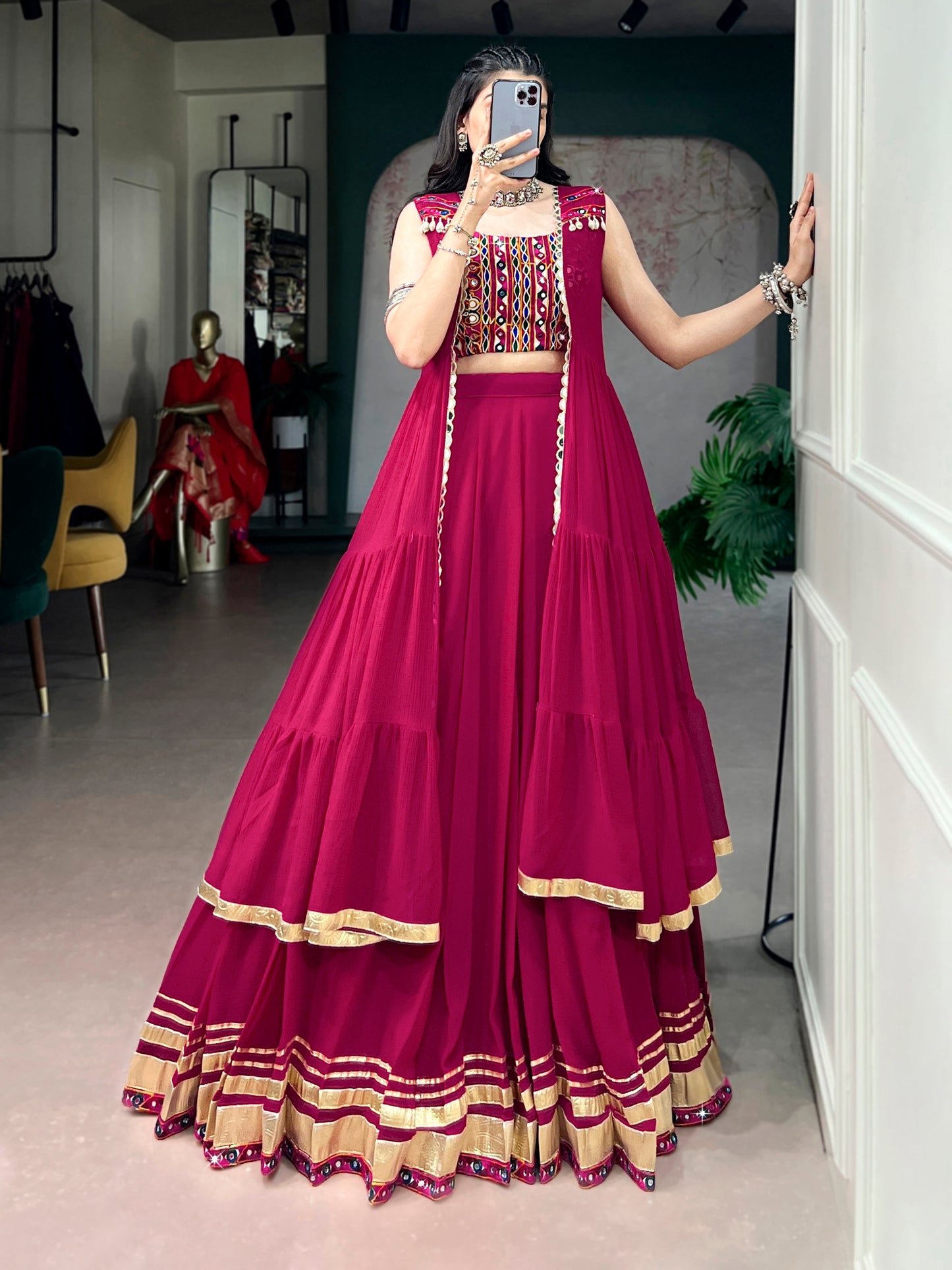 Lorenvalley Fashion Rani Pink Lightweight Fabric With Gotta Patti Lace Lehenga Choli With Koti