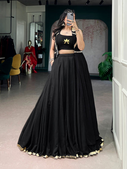 Lorenvalley Fashion Black Feather-Light Flow Fabric With Lace Lehenga Choli With Long Jacket