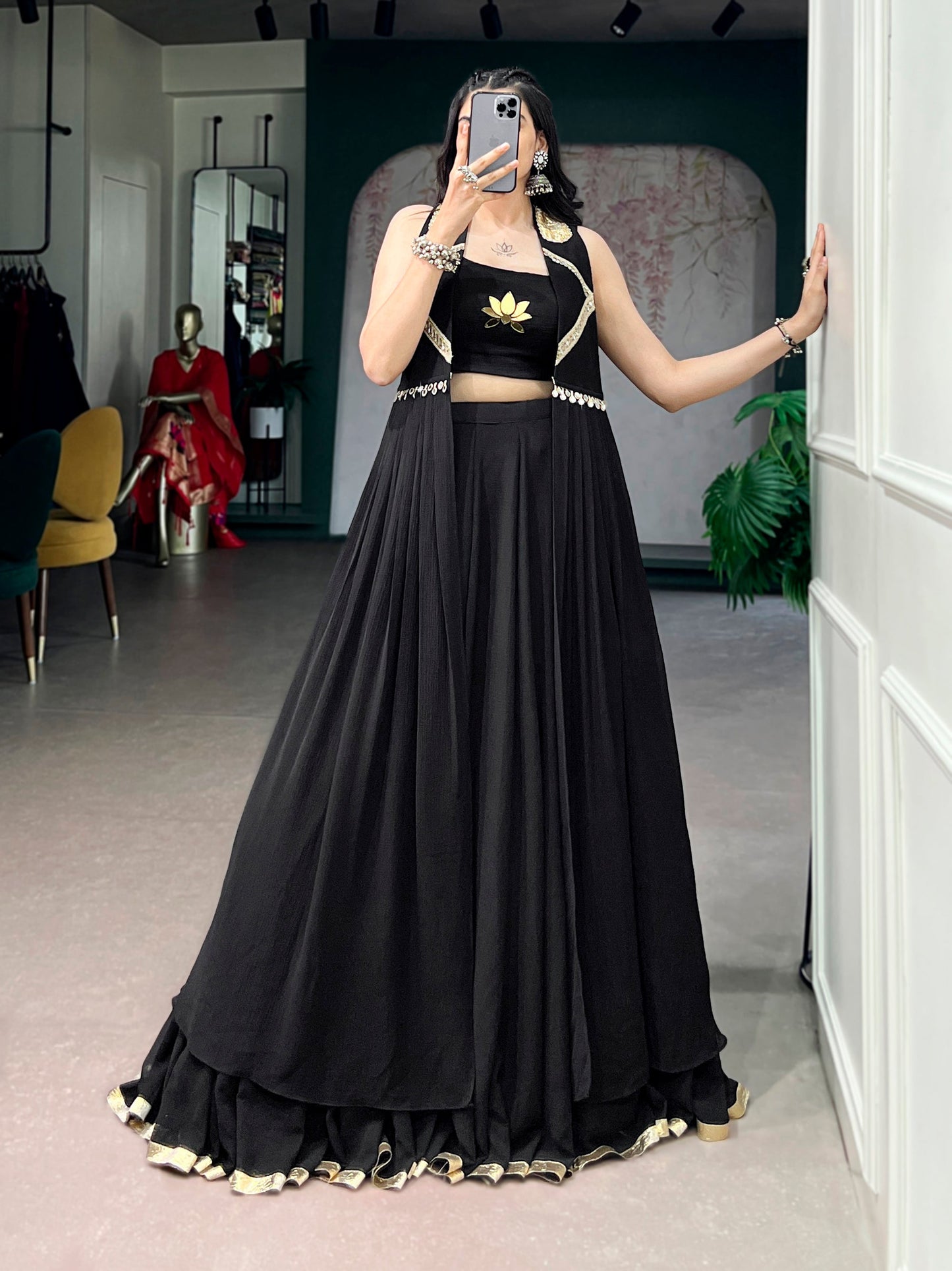 Lorenvalley Fashion Black Feather-Light Flow Fabric With Lace Lehenga Choli With Long Jacket
