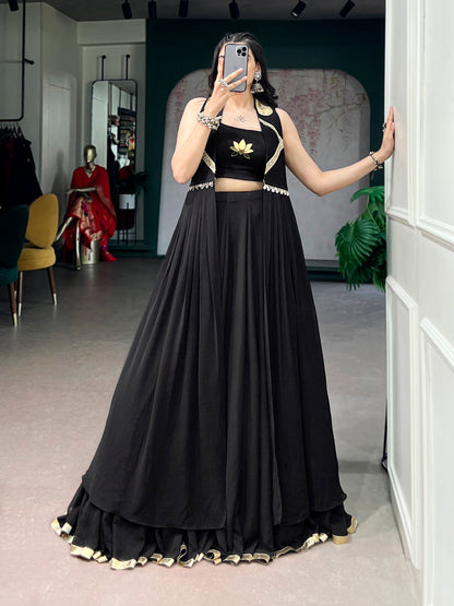 Lorenvalley Fashion Black Feather-Light Flow Fabric With Lace Lehenga Choli With Long Jacket