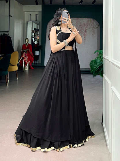 Lorenvalley Fashion Black Feather-Light Flow Fabric With Lace Lehenga Choli With Long Jacket