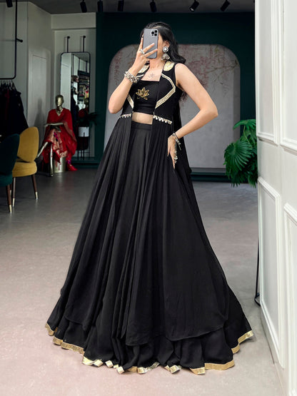 Lorenvalley Fashion Black Feather-Light Flow Fabric With Lace Lehenga Choli With Long Jacket
