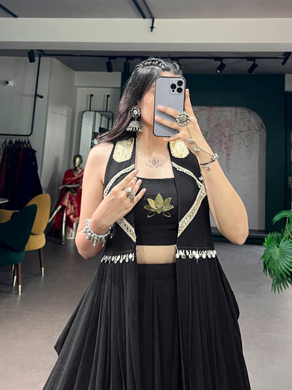 Lorenvalley Fashion Black Feather-Light Flow Fabric With Lace Lehenga Choli With Long Jacket