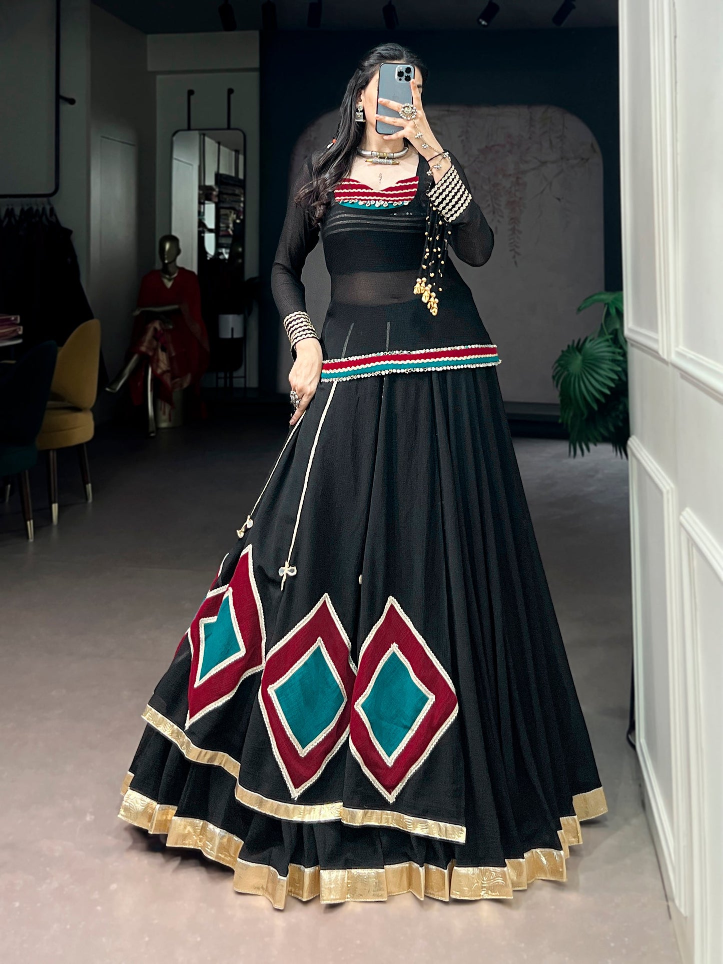 Lorenvalley Fashion Black Marble With Elegant Lace And Dangling Cowrie Bell Detailing Lehenga Choli With Tunic