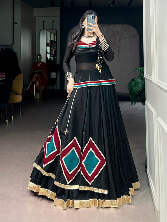 Lorenvalley Fashion Black Marble With Elegant Lace And Dangling Cowrie Bell Detailing Lehenga Choli With Tunic