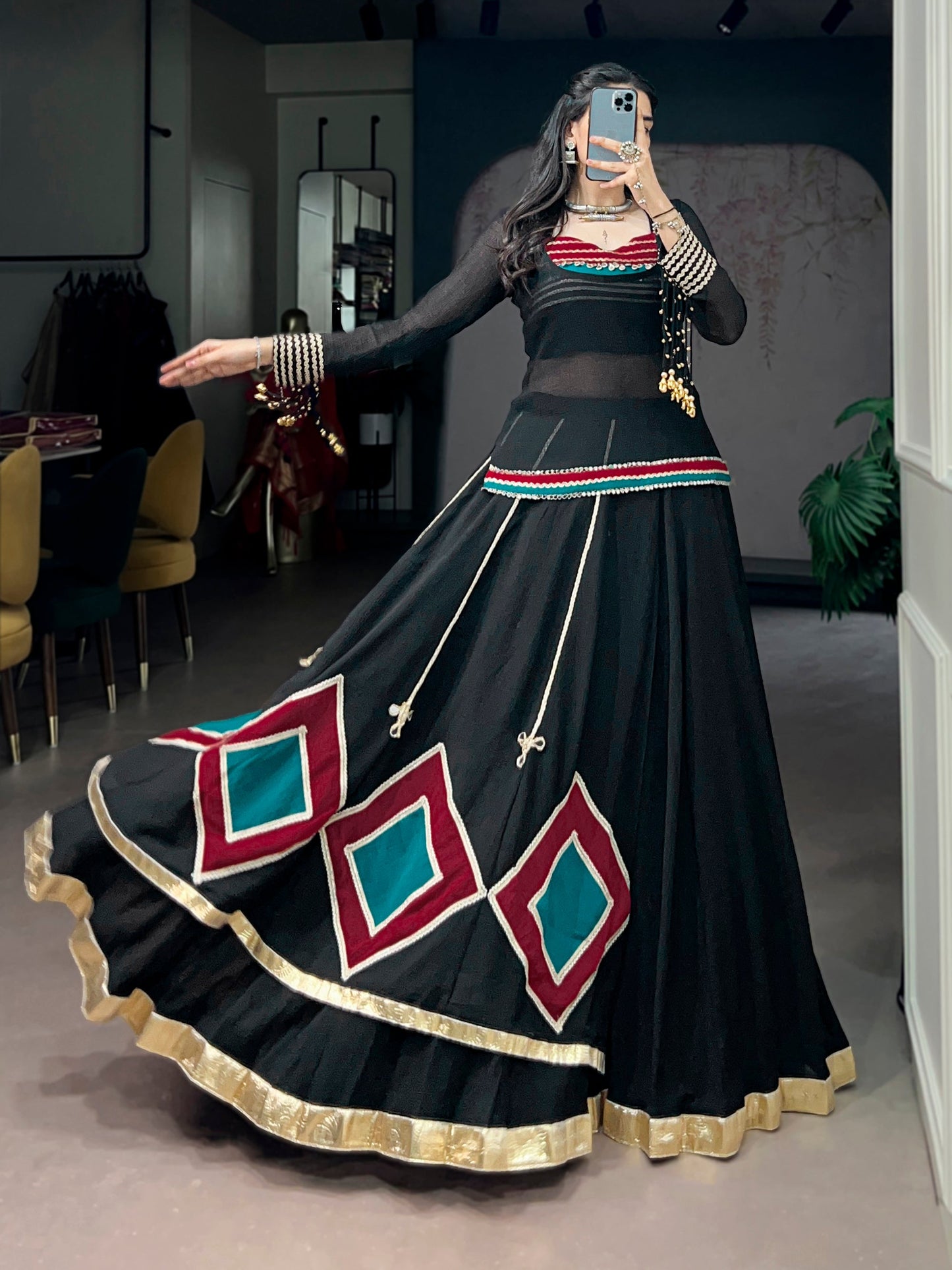 Lorenvalley Fashion Black Marble With Elegant Lace And Dangling Cowrie Bell Detailing Lehenga Choli With Tunic