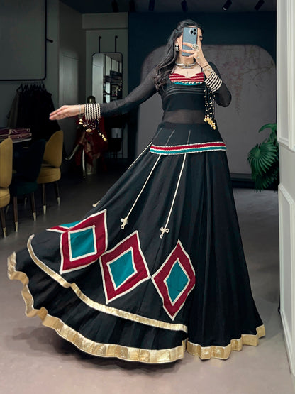 Lorenvalley Fashion Black Marble With Elegant Lace And Dangling Cowrie Bell Detailing Lehenga Choli With Tunic