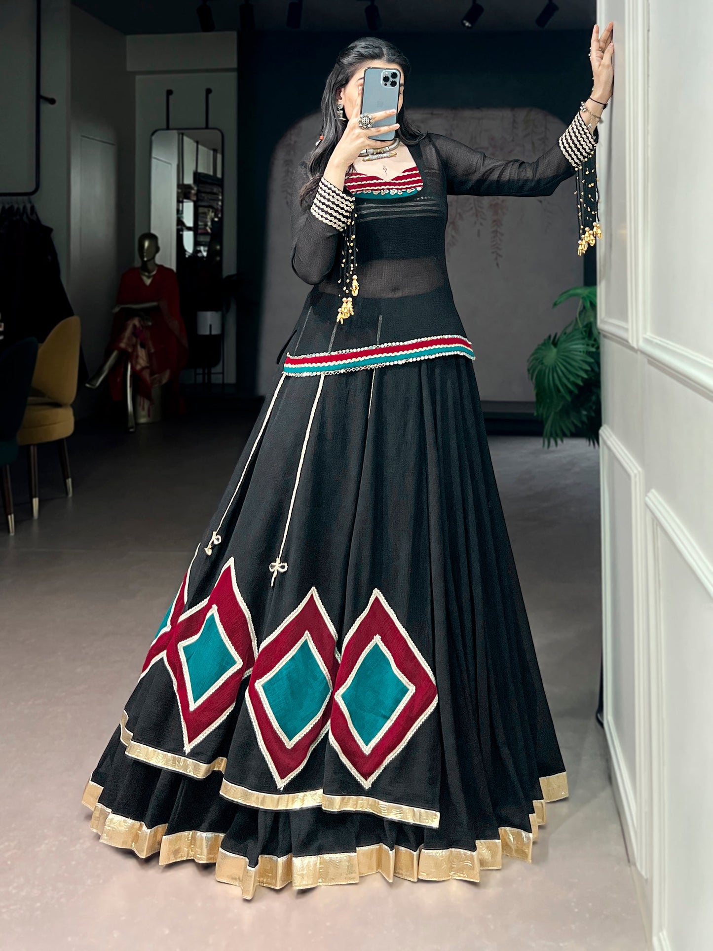 Lorenvalley Fashion Black Marble With Elegant Lace And Dangling Cowrie Bell Detailing Lehenga Choli With Tunic