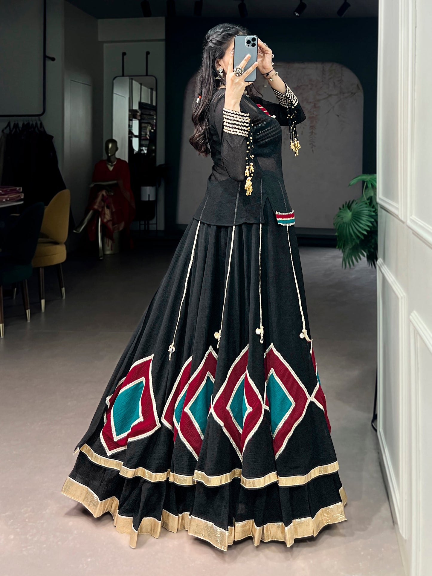 Lorenvalley Fashion Black Marble With Elegant Lace And Dangling Cowrie Bell Detailing Lehenga Choli With Tunic