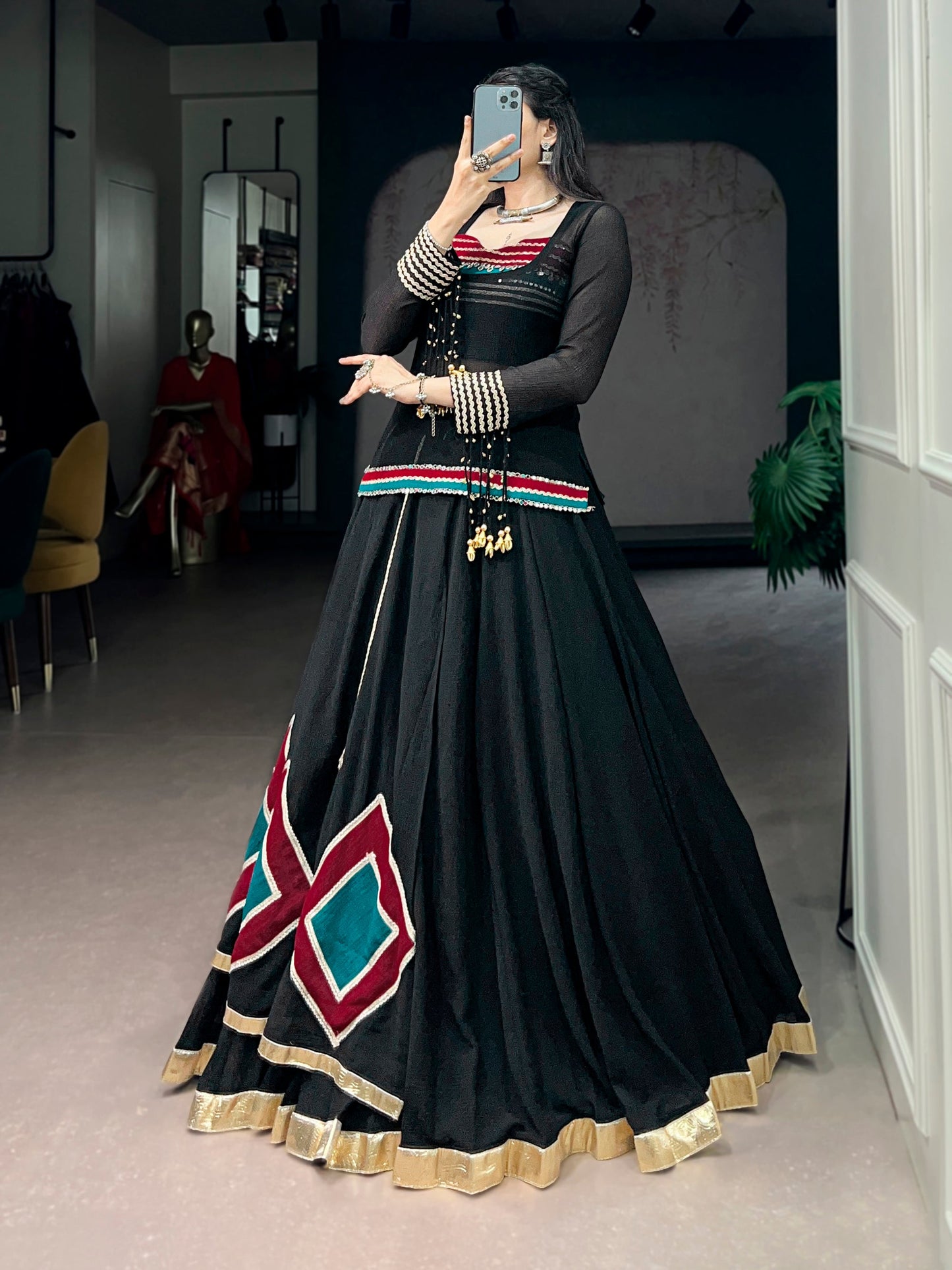 Lorenvalley Fashion Black Marble With Elegant Lace And Dangling Cowrie Bell Detailing Lehenga Choli With Tunic