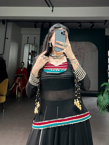 Lorenvalley Fashion Black Marble With Elegant Lace And Dangling Cowrie Bell Detailing Lehenga Choli With Tunic