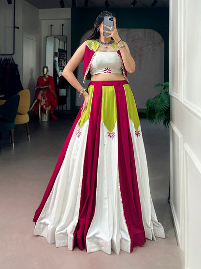 Lorenvalley Fashion Multicolor Pure Rayon With Contrast Panel Design With Gota Patti Lace Lehenga Choli