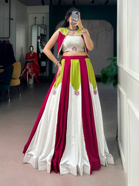 Lorenvalley Fashion Multicolor Pure Rayon With Contrast Panel Design With Gota Patti Lace Lehenga Choli