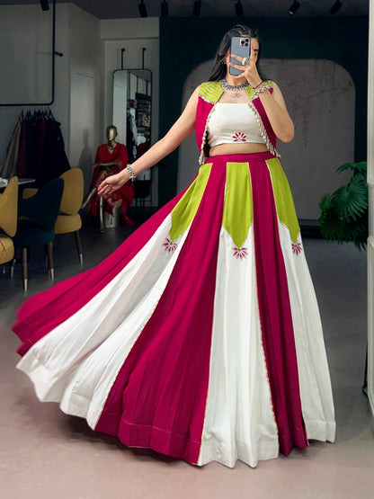 Lorenvalley Fashion Multicolor Pure Rayon With Contrast Panel Design With Gota Patti Lace Lehenga Choli