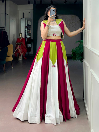 Lorenvalley Fashion Multicolor Pure Rayon With Contrast Panel Design With Gota Patti Lace Lehenga Choli