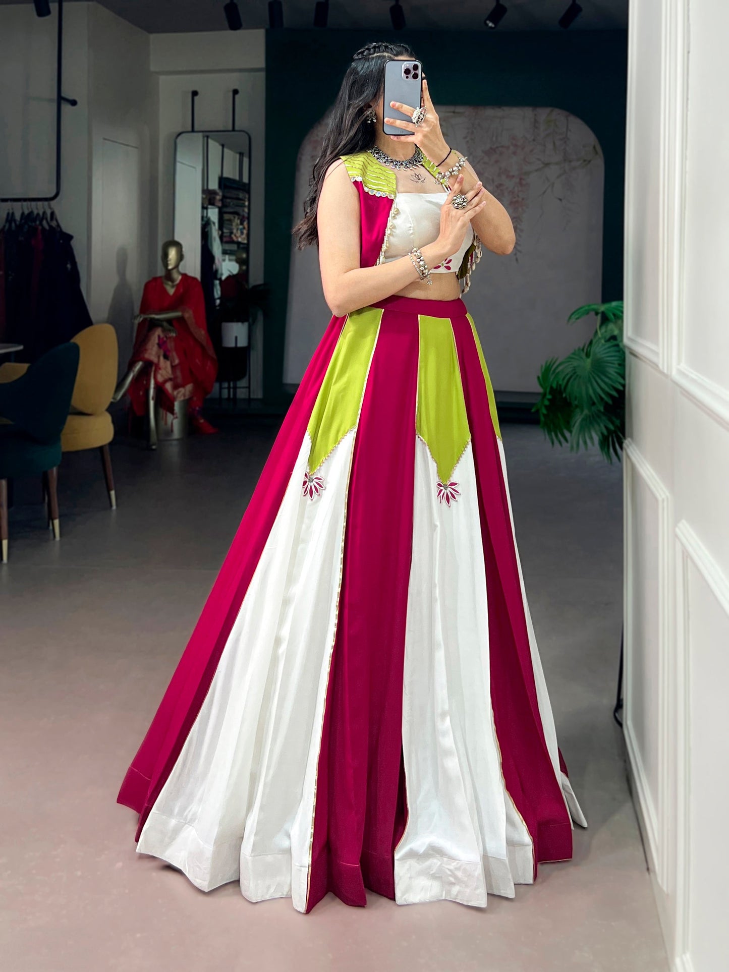 Lorenvalley Fashion Multicolor Pure Rayon With Contrast Panel Design With Gota Patti Lace Lehenga Choli