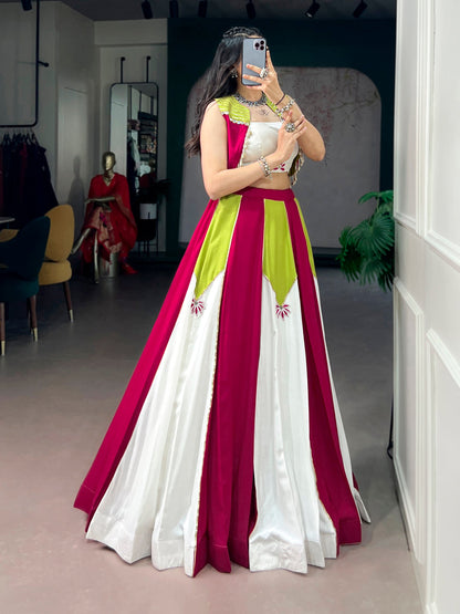 Lorenvalley Fashion Multicolor Pure Rayon With Contrast Panel Design With Gota Patti Lace Lehenga Choli