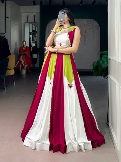 Lorenvalley Fashion Multicolor Pure Rayon With Contrast Panel Design With Gota Patti Lace Lehenga Choli
