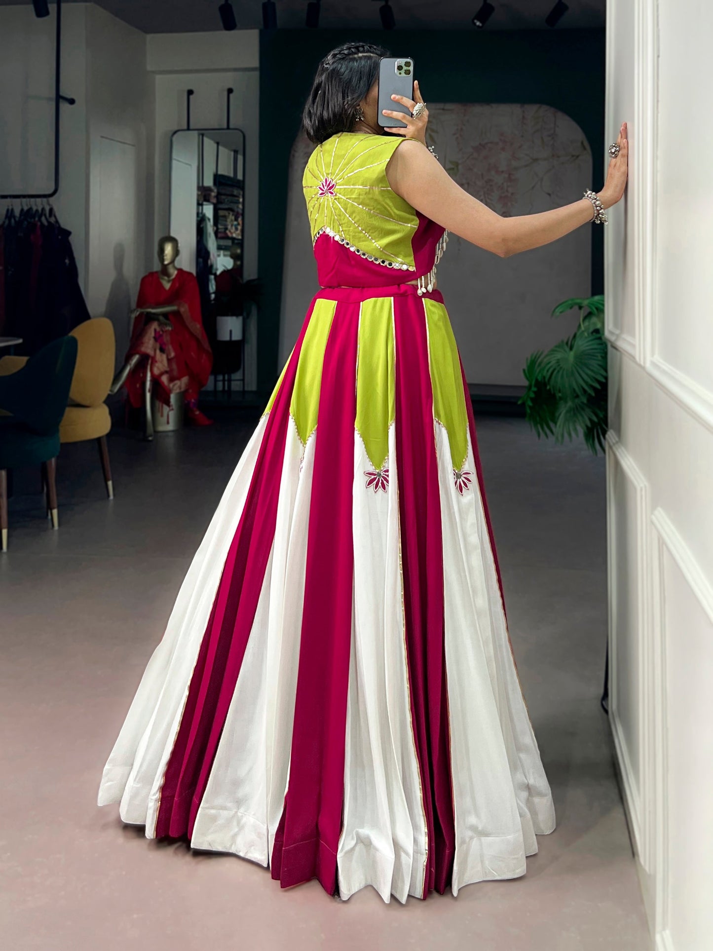 Lorenvalley Fashion Multicolor Pure Rayon With Contrast Panel Design With Gota Patti Lace Lehenga Choli