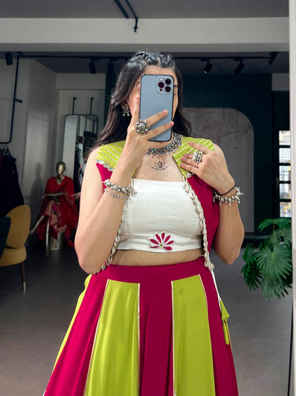 Lorenvalley Fashion Multicolor Pure Rayon With Contrast Panel Design With Gota Patti Lace Lehenga Choli