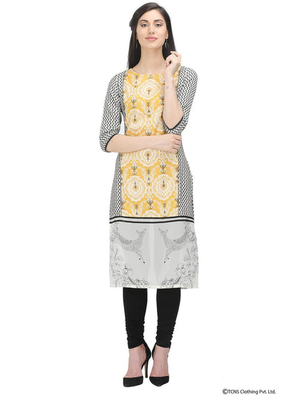 W for Woman Yellow 3/4 Sleeve Round Neck kurta