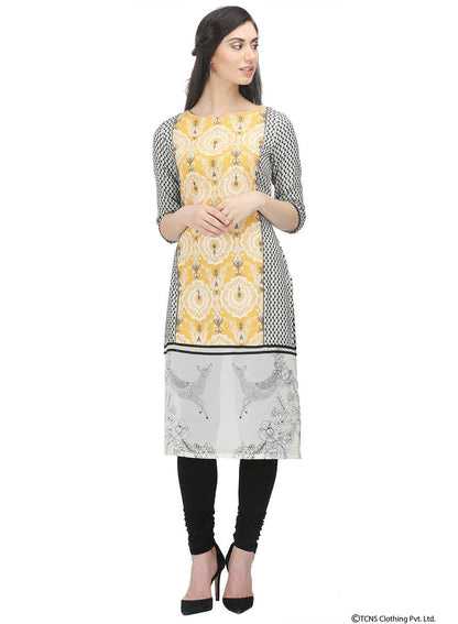 W for Woman Yellow 3/4 Sleeve Round Neck kurta