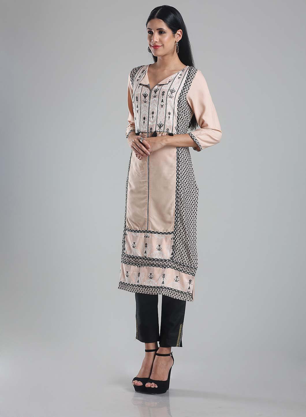 W for Woman Pale Pink 3/4 Sleeve Printed kurta