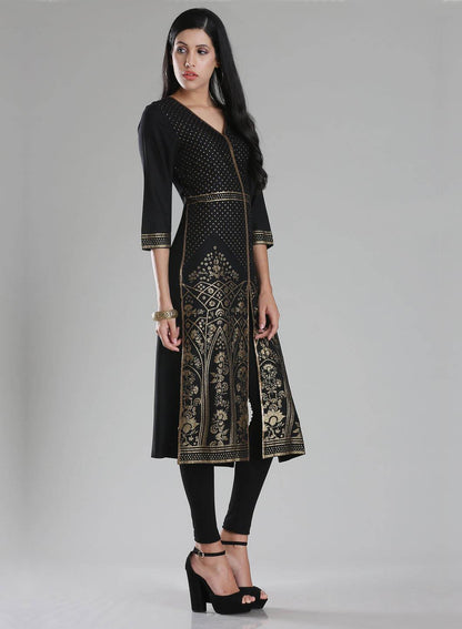 W for Woman Black V Neck Printed kurta