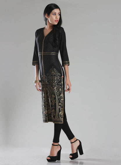W for Woman Black V Neck Printed kurta