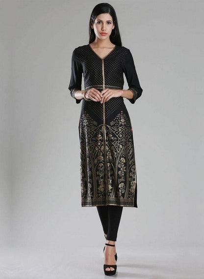 W for Woman Black V Neck Printed kurta