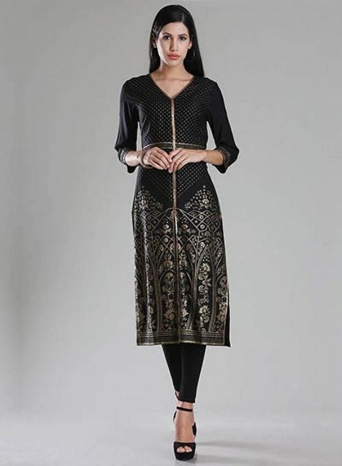 W for Woman Black V Neck Printed kurta