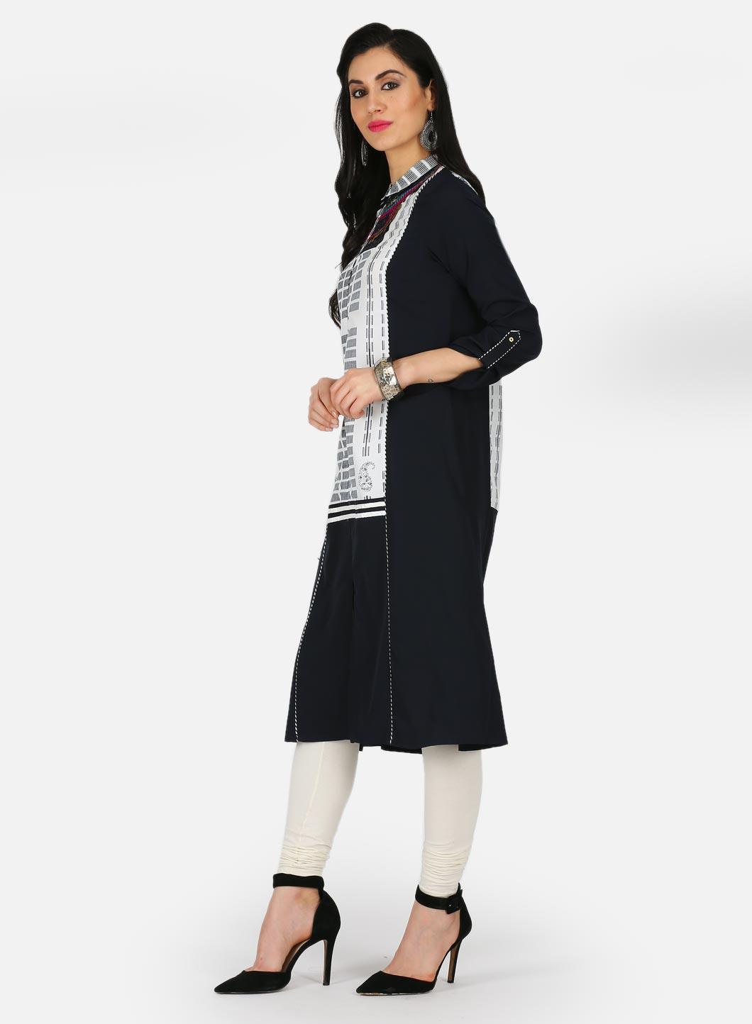 W for Woman Black Printed Collar Neck kurta