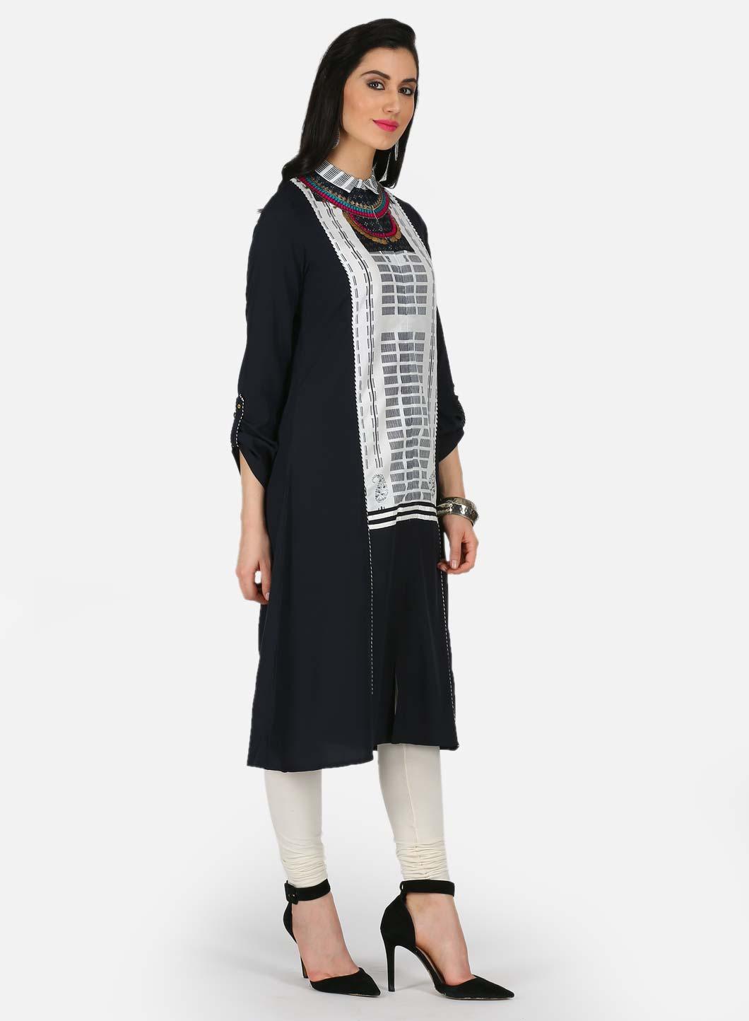 W for Woman Black Printed Collar Neck kurta