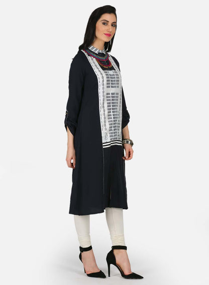 W for Woman Black Printed Collar Neck kurta