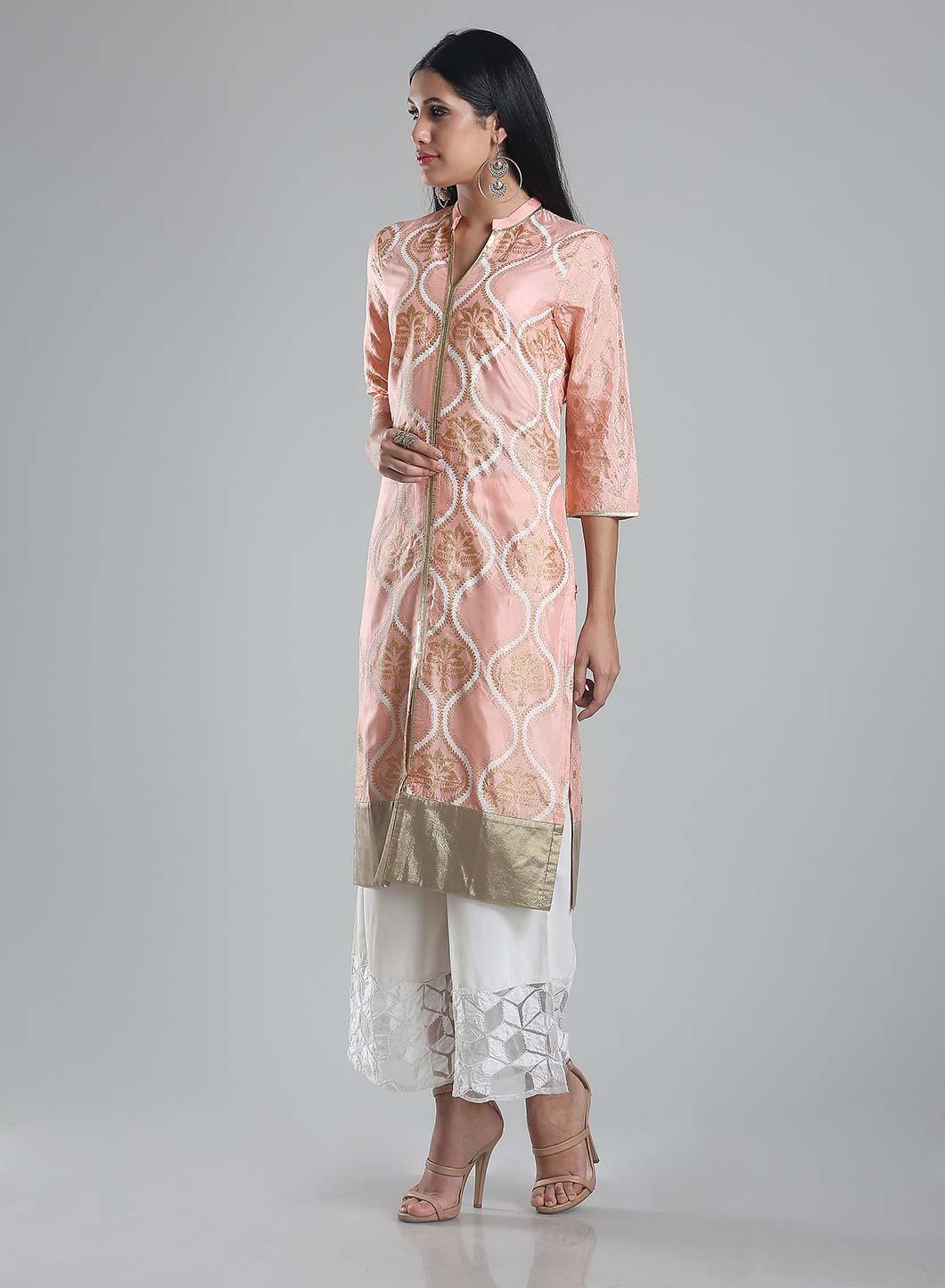 W for Woman Pink Printed Mandarin Neck kurta