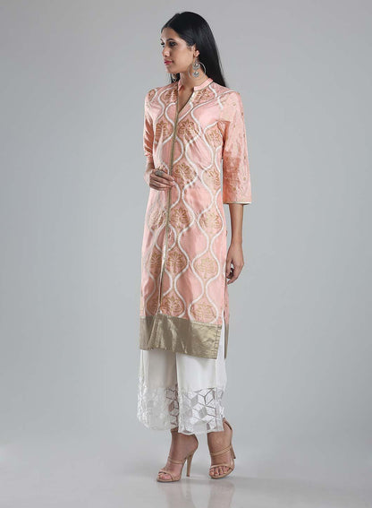 W for Woman Pink Printed Mandarin Neck kurta