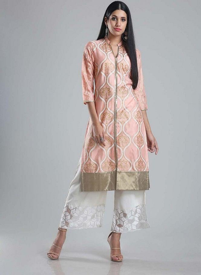 W for Woman Pink Printed Mandarin Neck kurta