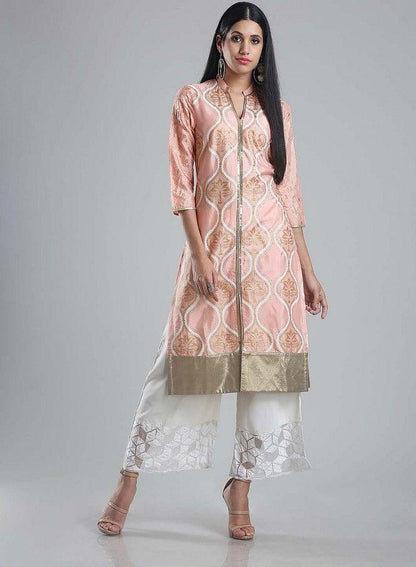 W for Woman Pink Printed Mandarin Neck kurta